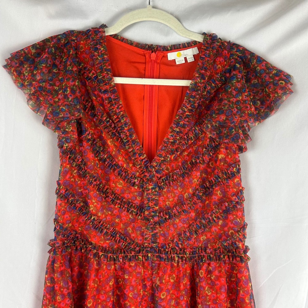 Boden Red Floral Tulle Maxi Dress Ruffle V-Neck Flutter Sleeve US 6 Party Event - Picture 3 of 8